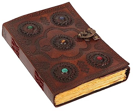 ANANYOM Handmade Leather Journal, Brown, 5 Stone Hand Embossed Design, Leather Notebook Diary, journal for Men & Women, Office Deckle Edge Unruled 200 Pages, Size 10 (L) x 7 (W) inches