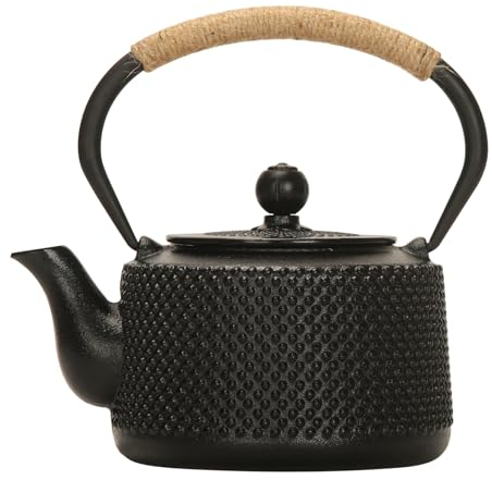 Happy Fox Cast Iron Tea Kettle - Black Japanese Tea Kettle with Removable Tea Leak for Tea Bags and Loose Tea Leaves. Durable 900ml stovetop Kettle for Home, Camping and Tea Parties