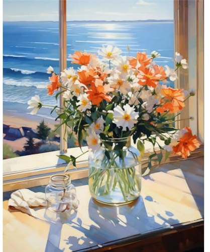 vooiceofco Pintar por Numeros Adultos, DIY Pintura por Números, Kit de Pintura al óleo de Lienzo DIY para con Pinceles, Pigmento Acrílico 40 x 50cm,Girasol