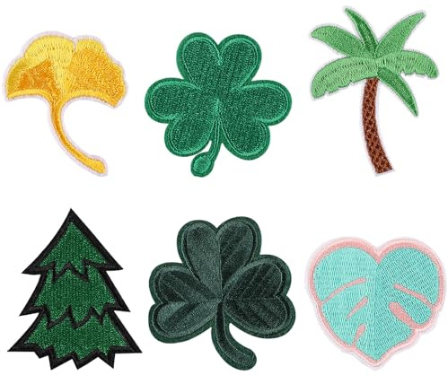 Lot de 6 écussons brodés thermocollants en tissu - Motif : feuilles brodées - Trèfle à repasser - Patch décoratif pour vêtements