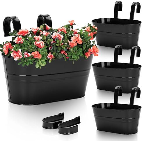 KINGLAKE 4Pcs Metal Hanging Plant Pots, 27cm Black Fence Hanging Planters Flower Pots Holder Large Balcony Planters for Railing Outdoor Garden Home Décor with Detachable Hooks