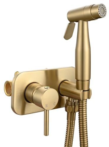 Tecmolog Gebürstetes Gold Handbrause Toilette Kalt und Heiß Wasser Edelstahl Hygienedusche Bidet Einsatz für Toilette, Wandmontage, WS024AJ2F1