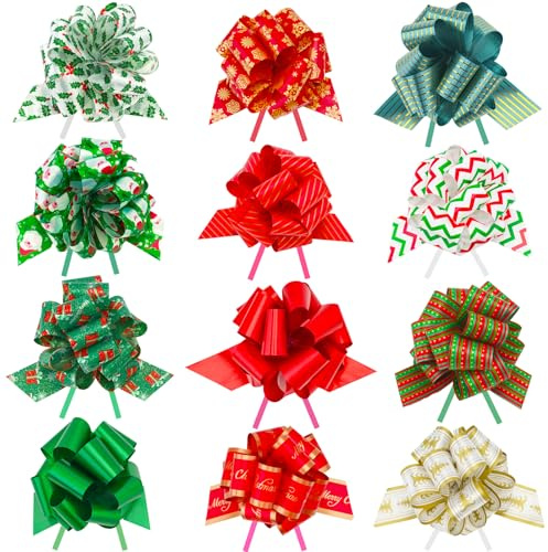 G2PLUS 24 Stück Weihnachten Geschenkschleife, Große Weihnachtsschleifen mit Geschenkband, Geschenk Ziehschleifen für Weihnachtsbaum, Geschenkverpackung, Weihnachtsdeko