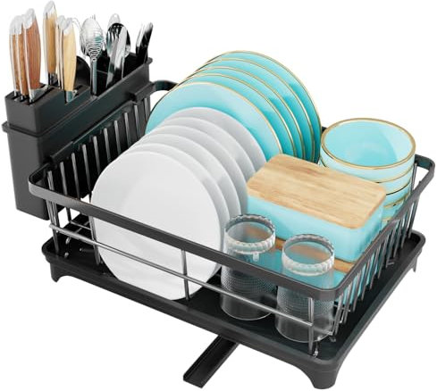 TidyIsles Dish Drainer Rack - Space Saving Dish Rack with Utensil Holder, Dish Rack for Kitchen Counter, Sink Drainer Rack with Drain Board Rack, Black