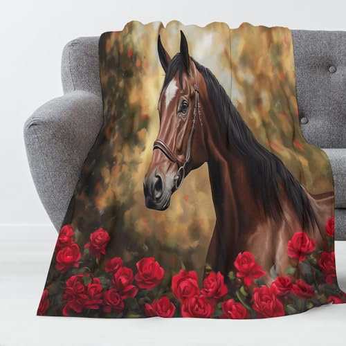 Rose Braunes Pferd Decke, Weiche Flauschige Vintage Tiere Plüsch Decke, Flanell Fleecedecke Tv-Decken Sofadecke Wohndecke Mikrofaser Couchdecke - Pflegeleicht, Warm, Gemütlich