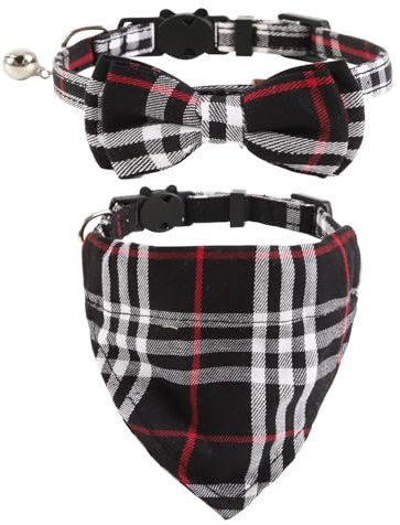 UYRVAPE 2pcs Katzenhalsbänder mit Glocken Abnehmbare Fliege Bandana, Kätzchen Halsband Katze Bandana Hundefliege, Katzenhalsband mit Glöckchen, Kariertes Katzen halsbänder mit Schleife, Schwarz