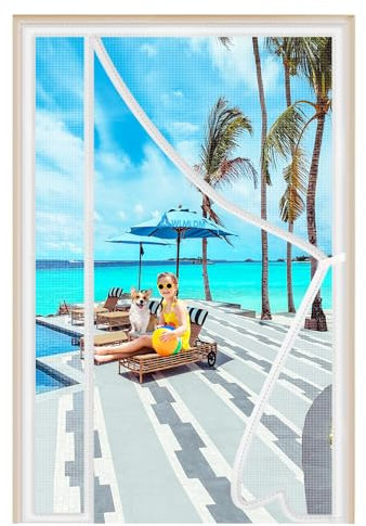 Magnet Fliegengitter Balkontür Weiß 145x230cm Verstellbares Moskitonetz Fenster Insektenschutz Balkontür Magnetische Adsorption Faltbar für Fenstertüren Terrassentür