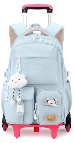 Tanou Mochila Escolar Niña con Ruedas, Mochilas Adolescentes Chica con Carro de 30L, Trolley Desmontable Mochila Instituto de Viaje con 6 Ruedas, Azul