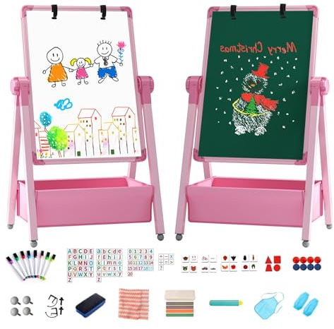 Chidiam Kids Easel Double-Sided Iron Art Easel with Paper Clip Foldable Drawing Board Height Adjustable Standing Easel 360° Rotatable Whiteboard Chalkboard with Letters Numbers for Boys Girls