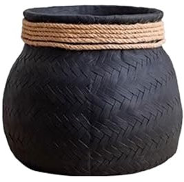 Jardinière Ronde en Ciment Noir avec Motif tissé en Bambou, Petit Pot de Fleurs pour Plantes d'intérieur et d'extérieur, Trou de Drainage
