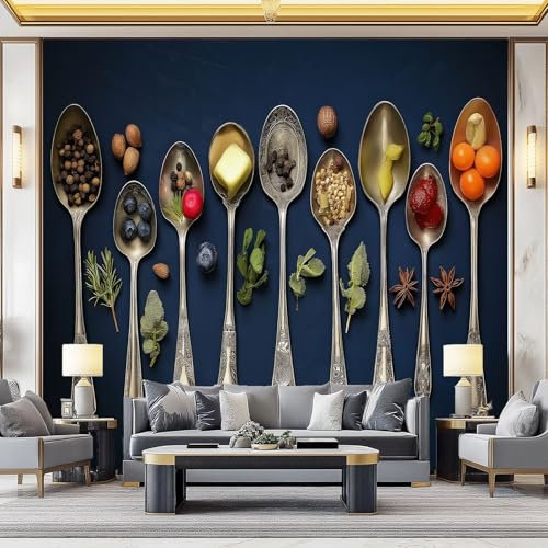 Carta Da Parati Stile Alimentare Cucchiaio Di Metallo Ingredienti Posa 3D Fotomurale – Design Moderno In Tessuto Non Tessuto Per Soggiorno, Camera Da Letto, Cucina, – Murale 250 X 175 Cm
