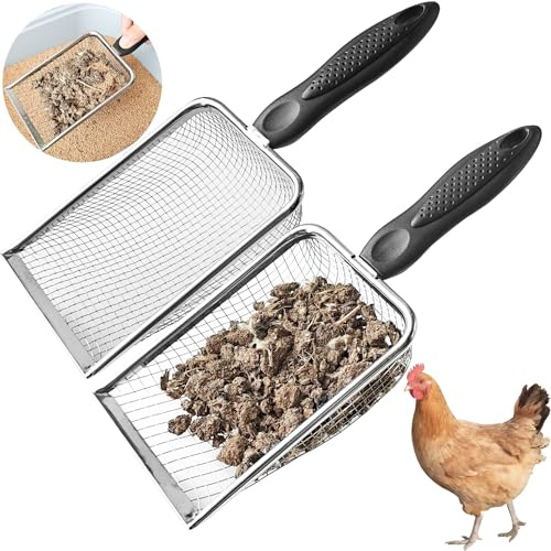 Chicken Poop Scooper for Coop - 2 Pack Chicken Coop Poop Scoop Shovel with 3.8mm & 5mm Mesh, Metal Chicken Coop Rake and Scoop Tool ,Sifting Rake for Chicken Litter, Sand, Poop | Chicken Supplies