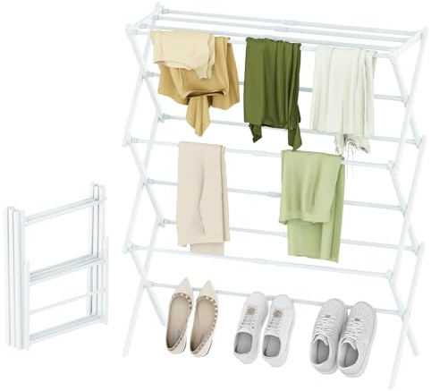 STARLATTA Foldable Drying Rack Clothing, 3-Tier Portable Clothes Drying Racks for Indoor & Outdoor, Anti-rust Compact Laundry Rack Collapsible, Compact Size, 15 lbs Max Load, White 28D x 10W x 35H