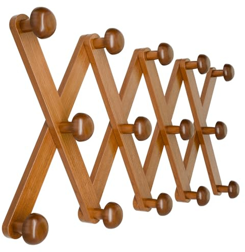 WGFKVAS Hat Rack for Wall with 14 Hooks, Solid Wooden, Expandable Coat Rack Wall Mount for Coats, Hats, Bags, Baseball Caps, Brown