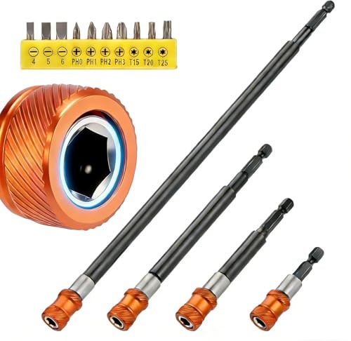 4pcs Drill Bit Extension Set with 10pcs Screwdriver Bits, Magnetic Drill Bit Extender with Aluminum Sleeve, 1/4 Inch Hex Bit Holder for Impact Driver, 2,4,6,12'' Long