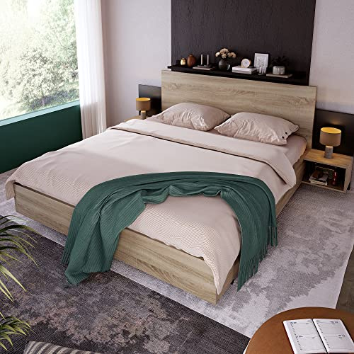 Crlnaup Doppelbett Holzbett Bettanlage 160 x 200 cm mit 2 Nachtkommoden Modernes Bett inkl. 2 Nachttischen Schlafzimmer Komplett-205.5x235x76.5 cm(T/B/H) Set in Eiche Sonoma/Dunkelgrau