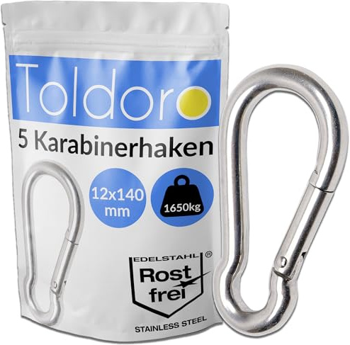 Toldoro 5X Edelstahl Karabiner 12x140mm Rostfrei - NIRO AISI 316 V4A / Karabinerhaken Groß für Slacklines, Segeln, Camping/Feuerwehrkarabiner, Bruchlast 1650kg