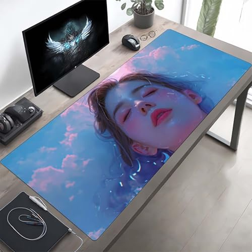 Gaming Mauspad 120 x 60cm Gaming Mousepad XXL Frau Blau Mauspad Schreibtischauflage, Genähte Kanten Mausmat, rutschfeste Gummibasis, Schreibtisch Schutz für Home Büro, Geschenke PjY11128 X-6