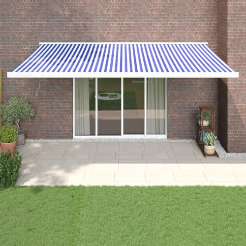 Balkon Windschutz Ohne Bohren,Markise Einziehbar Blau und Weiß 5x3 m Stoff und Aluminium,Senkrechtmarkise für Balkon, Garten und Terrasse