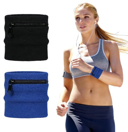 Quesuc 2 Stück Basketball Armband Schweißband Handgelenktasche Aus Textil Für Laufen, Fitness, Basketball, Tennis, Yoga Schwarz Bla