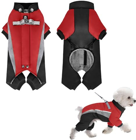 Hunde Wintermantel Winter-Schneeanzug mit Geschirr, Warmer Fleece-Hunde-Schneeanzug mit Integriertem Geschirr, wasserdicht, Winddicht, Welpenpuffer mit 4 Beinen, Rollkragen, kaltes Wetter