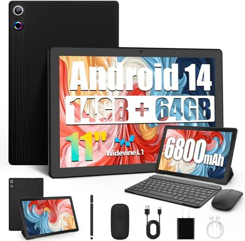 Laptok Tablet, Android Tablet 11 Zoll mit 14GB RAM + 64GB ROM (1TB TF), Octa-Core, Widevine L1, WiFi 6 & BT 5.3, 6800mAh Akku, Dual Kamera – Tablet mit Tastatur, Maus, Stift & Hülle
