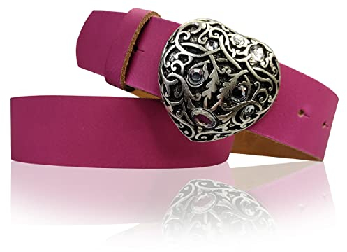 FRONHOFER Damengürtel 100% echtes Rindsleder ca. 4 cm breit Strass-Herz Gürtelschnalle altsilber wechselbar für Jeans Kleider Trachten Made in Germany