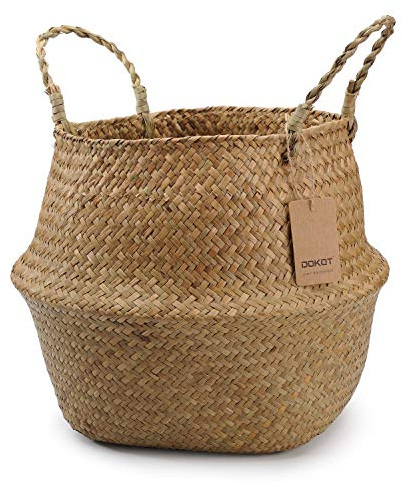 DOKOT Seagrass Basket Belly Plant Pot Woven Basket With Handle, Foldable Laundry Basket Toys Storage (Natural)