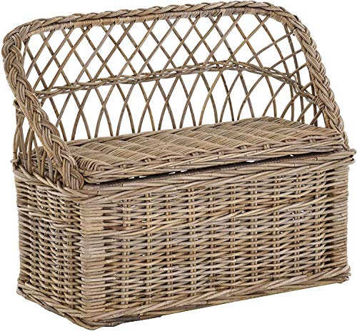 Krines Home Kinderbank Kindertruhe aus echtem Rattan 2er Bänkchen Sitzbank für Kinder mit Staufach 2-Sitzer Bank (Natur Grau)