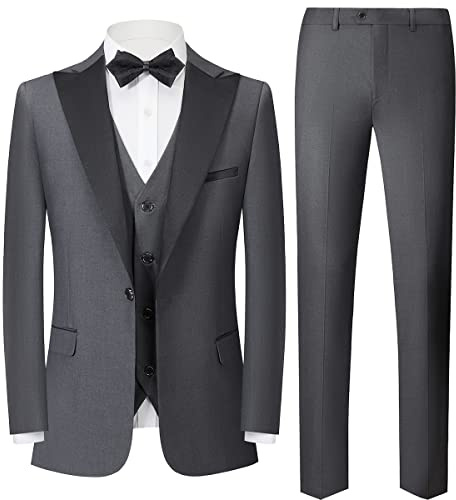 Sliktaa Män kostymer 3-delat set smal passform enkelknäppt en knapp formell smoking kostym bröllop affärer prestanda blazer väst byxor, Grå, XL