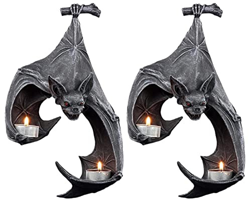 Sempoda 2 x Fledermaus-Wandleuchter, Kerzenhalter, Teelicht, rustikale Kunstharz, hängende Skulptur, Halloween-Doppelhalter für Zuhause, Büro, Garten, Badezimmer, Erntedankfest, Party-Dekoration,