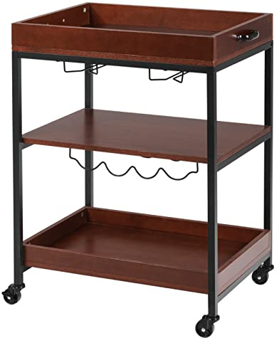 TANGZON 3-Tier Kitchen Serving Trolley, Rolling Bar Cart with Wine Rack, Glass Holders & Wheels, Metal Frame Drinks Trolley for Dining Room Restaurant (1-Tier Wine Rack, 3-Tier Shelf, 60x45x85cm)