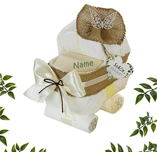 Gâteau à couches avec nom | Petit chariot à couches tout le jute | pour naissance, baby shower | cadeau personnalisé pour bébé