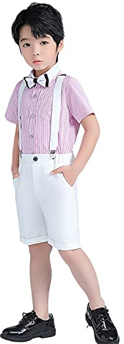 Kostym i fyrdelat set med kortbyxor, skjorta, fluga och hängselbyxor för bebispojkar., Rosa-vit, 4-5 År
