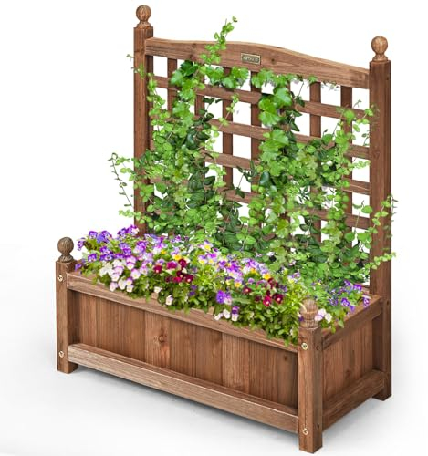 RELAX4LIFE Fioriera da Esterno in Legno, Aiuola Rettangolare con Grigliato e Drenaggio, Porta Piante di Fiori e Rampicanti per Giardino/Balcone/Cortile (Modello 1)