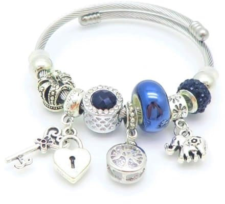 Bungsa Charm´s-Armband mit verschiedenen Anhängern und Kristallen Blau aus Edelstahl Damen