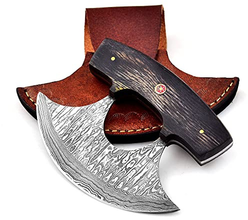 DAMASK HUT Custom Handmade Damascus Steel Ulu Knife - Alaskan Damascus Ulu Knife With Sheath - Multi-Purpose Damascus Alaska Knives For Skinning, Chopping,Rocking, Mincing, Slicing Meat & Herb (Black)