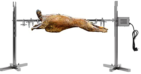 Spanferkelgrill mit Motor | Höhenverstellbar | Elektrisch | Edelstahl Grillspieß Set für Lagerfeuer, Camping und Garten | Rotisserie Belastbarkeit: 40 kg 360-Grad Drehung 30 Personen grillen kann