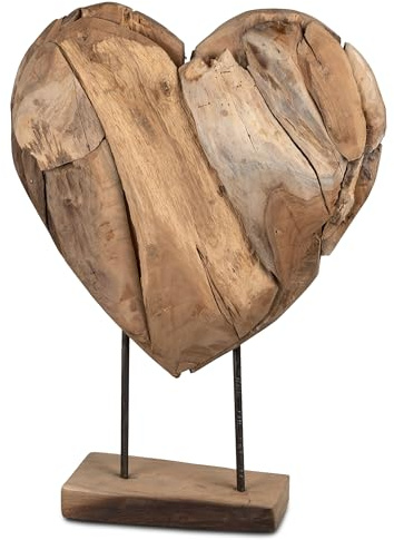 formano Deko Objekt Herz Holz Skulptur aus massivem Teakholz 60 cm auf Standfuß, modernes Wohnaccessoire mit Herzform für Sideboard, Regal & Büro
