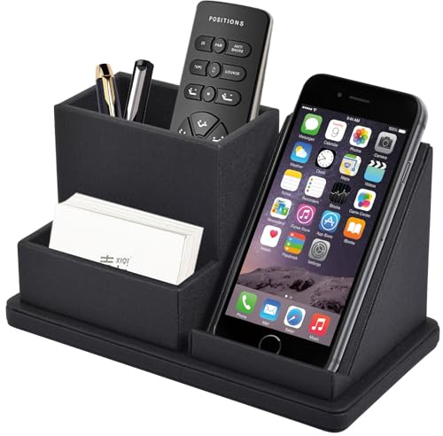 XNONE Organizador de escritorio de piel sintética para bolígrafos/lápices multifunción, caja de almacenamiento para teléfono móvil/mando a distancia con 3 compartimentos, bandeja para notas adhesivas