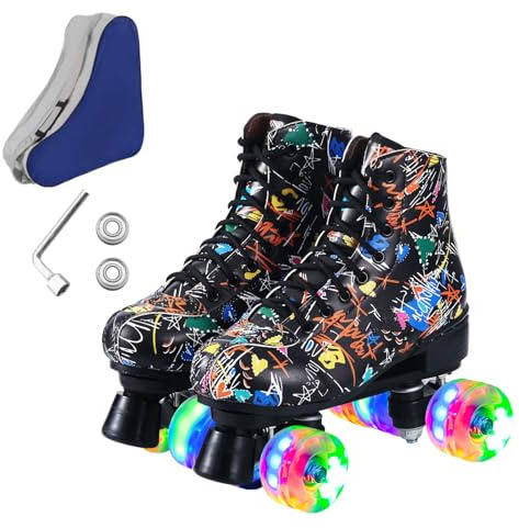 Ugboiu Roller Skates for Men and Women, Black Derby Roller Skates with 4 Shiny Wheel, Classic Double-Row Roller Skates for Indoor and Outdoor