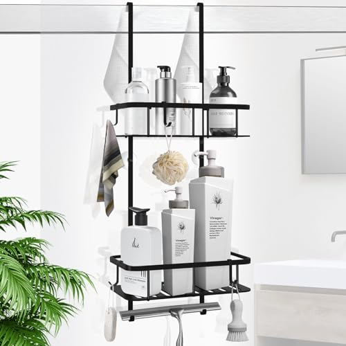 MILFECH Duschablage zum Hängen, Duschregal mit 2 Duschkörben zum 70 x 25 cm Hängen Duschablage Edelstahl für Rahmenlos Glastür, mit Haken für Shampoo Duschgel Halterung für Dusche, Schwarz