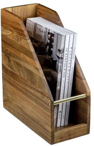 MyGift Premium Hotel Series Solid Acacia Wood Desktop Magazine File Holder Bin with Brass Tone Metal Accent, Vertical Office Desk Document Folder Binder Storage Organizer Rack