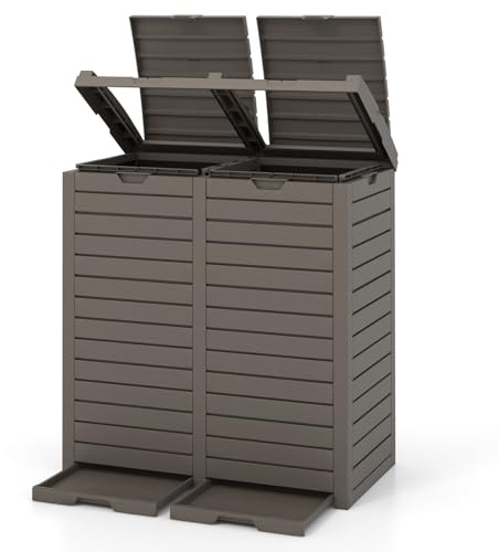 COSTWAY Poubelle Exterieur 235L, Poubelle de Jardin avec Couvercle et 2 Plateaux Extractiblex, Cerclage, Poubelle Tri Selectif 2 x 118L Étanche pour Porche, Arrière-Cour, Terrasse, Patio (Marron)