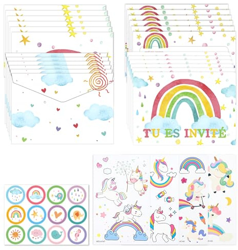 Ghope 12 Cartes Invitations Arc-en-ciel en Français, Invitation Anniversaire Fille Garçon avec Enveloppes et Autocollants, 5 Tatouages, Invitations de Fête d'anniversaire Soirée d’enfants Filles