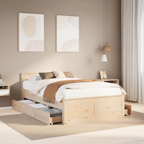 Homgoday Bett mit Schubladen Bettrahmen Stauraumbett Holzbett Schubladenbett Doppelbett Einzelbett Bettgestell mit Kopfteil für Schlafzimmer Gästezimmer120x200 cm Kiefer