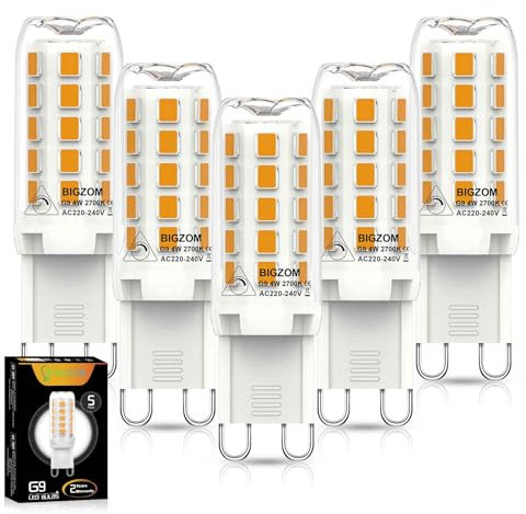 Bigzom G9 Lampadine LED 4W, Lampadina G9 Led dimmerabile 5 Pezzi Bianco Caldo, Equivalente 40W Lampada Alogena, 450Lm 2700K 220-240V Luce Calda, Angolo a fascio 360 ° Adatto per illuminazione interna