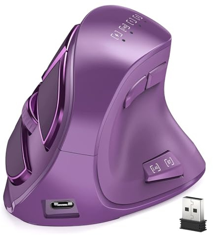 Attoe Vertical Mouse, Wireless Ergonomic Optical Mouse (BT 5.0 + Bluetooth 3.0 + USB Connection) with 9 Buttons, Rechargeable Computer Mouse for Wins PC/Laptop, Mac (Purple)