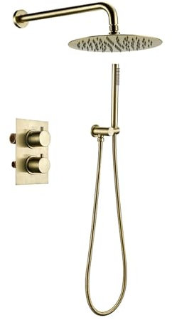 Mezclador termostático de latón macizo, juego desviador, cabezal de ducha de baño cepillado, grifo combinado de lujo, brazo de montaje en pared(Brushed gold-8inch)