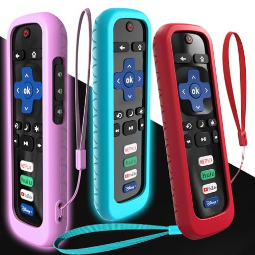 3-pack skydd för Roku Stick fjärrkontroll, fodral kompatibelt med Hisense TV-kontroll, silikonfodral för TCL smart TV kontrollhållare lyser i mörkret lila blå röd